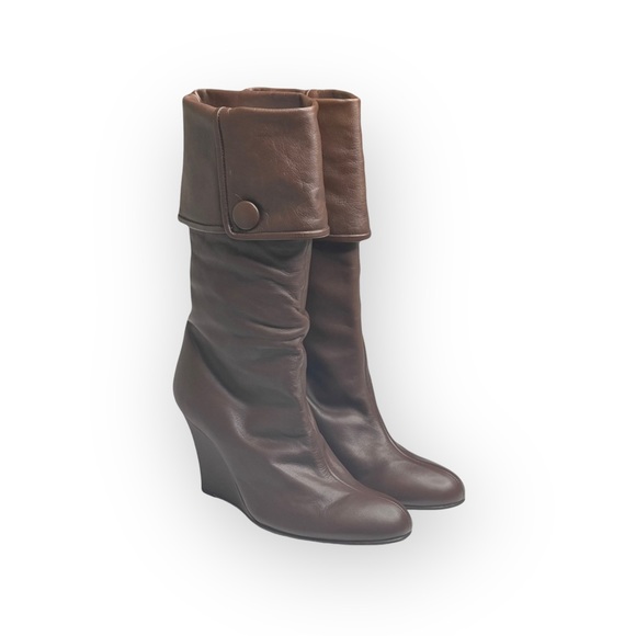 Luxe: new Goldenbleu ♔ Carly Fold Over Wedge Heel Tall Leather Boots ♔ Taupe ♔ - Picture 14 of 16